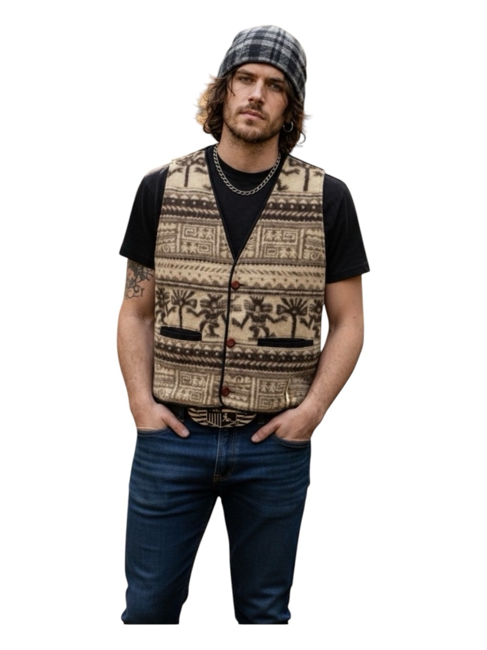 Mens vest 100% virgin wool Aztec southwestern size Large X-Large neutral tones
